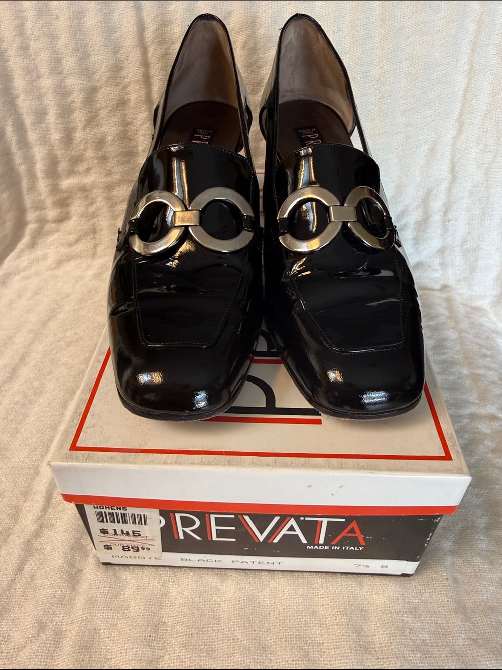 Prevata Black Patent Loafers with Silver Chain Accent